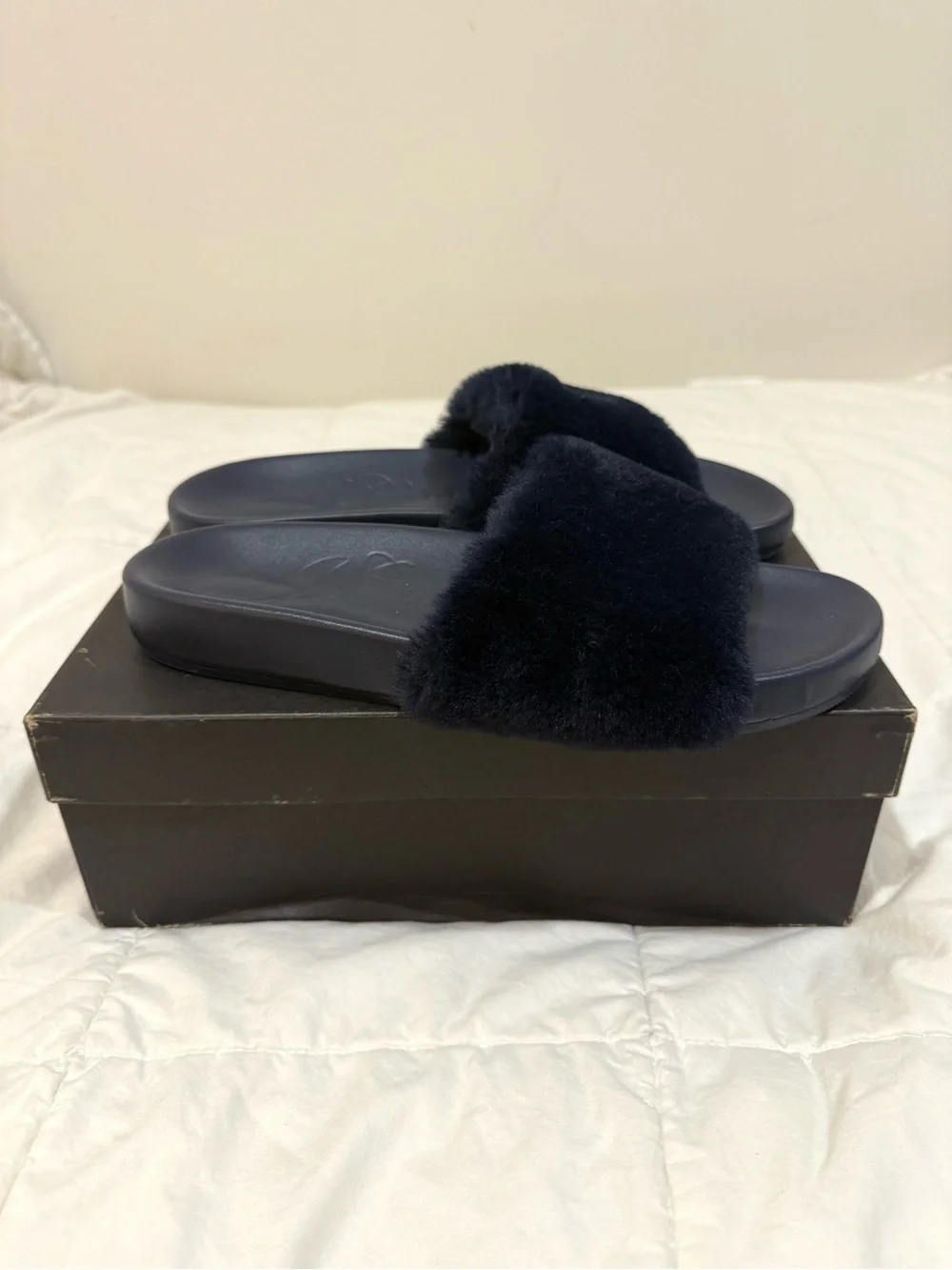 J. Crew Navy Pacific Fluffy Strap Faux Fur Slide Sandals BA189 Leather